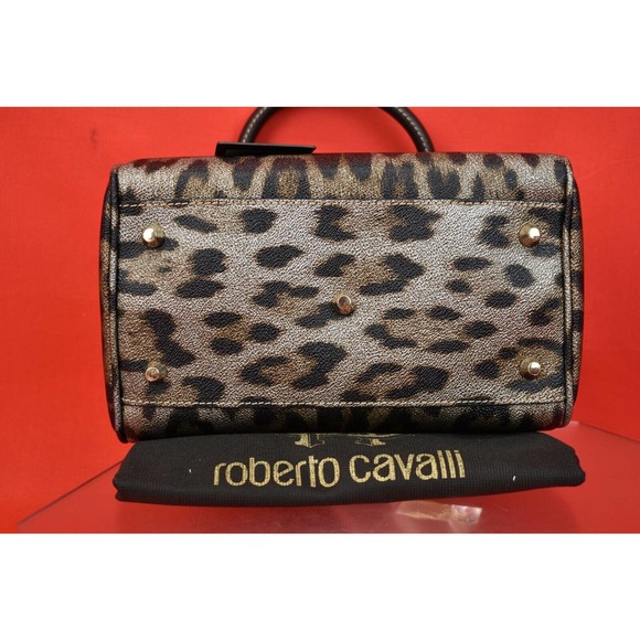 NIB ROBERTO CAVALLI BOWLING MULTI COLOR LEOPARD PRINT COATED CANVAS ZIPPER BAG - Picture 5 of 12